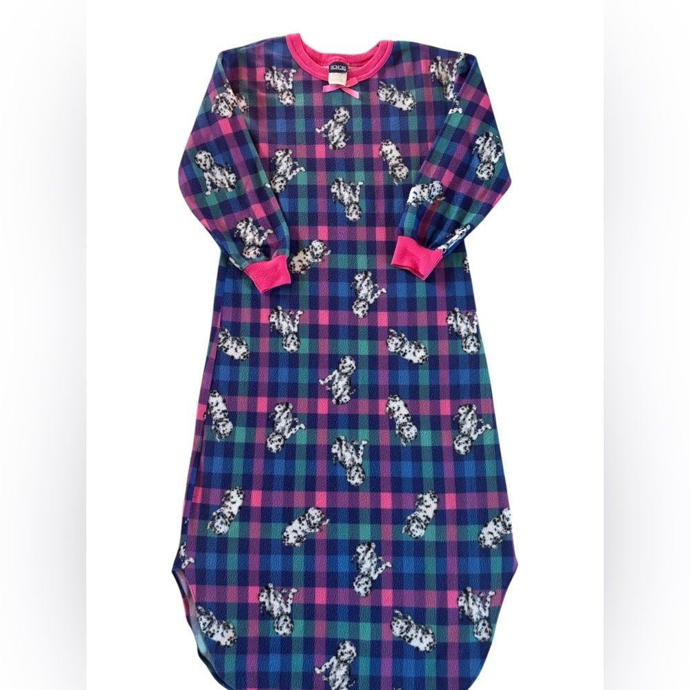 Vintage Honors Girls Fleece Nightgown Dalmatian Plaid Pink Trim Cozy Sleepwear L